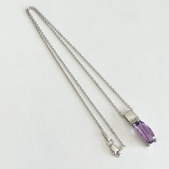 14K Solid White Gold Faceted Amethyst Diamond Accent Pendant Chain Necklace 18" - Picture 3 of 11
